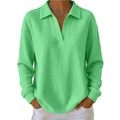 ✨ Textured Comfort | Women's Waffle-Knit V-Neck Relaxed-Fit Top