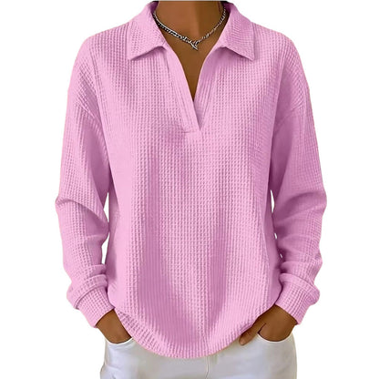 ✨ Textured Comfort | Women's Waffle-Knit V-Neck Relaxed-Fit Top