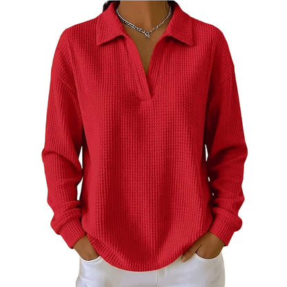 ✨ Textured Comfort | Women's Waffle-Knit V-Neck Relaxed-Fit Top