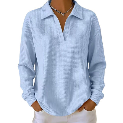 ✨ Textured Comfort | Women's Waffle-Knit V-Neck Relaxed-Fit Top