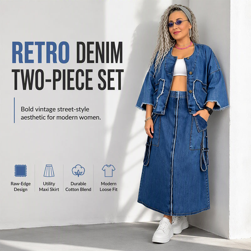 ✨ Standout Denim Style | Women's Raw-Edge Cropped Jacket & Cargo Maxi Skirt 2-Piece Set