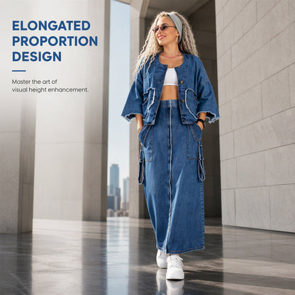 ✨ Standout Denim Style | Women's Raw-Edge Cropped Jacket & Cargo Maxi Skirt 2-Piece Set