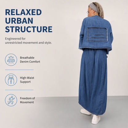 ✨ Standout Denim Style | Women's Raw-Edge Cropped Jacket & Cargo Maxi Skirt 2-Piece Set