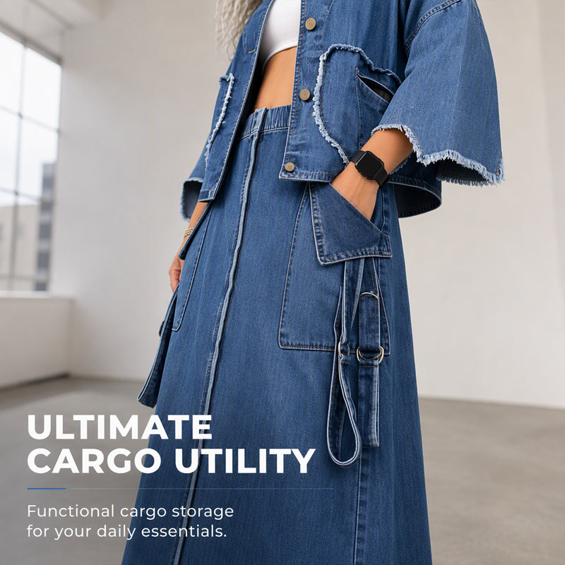 ✨ Standout Denim Style | Women's Raw-Edge Cropped Jacket & Cargo Maxi Skirt 2-Piece Set