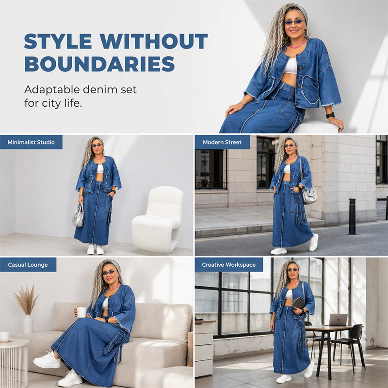 ✨ Standout Denim Style | Women's Raw-Edge Cropped Jacket & Cargo Maxi Skirt 2-Piece Set