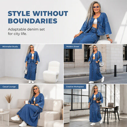 ✨ Standout Denim Style | Women's Raw-Edge Cropped Jacket & Cargo Maxi Skirt 2-Piece Set