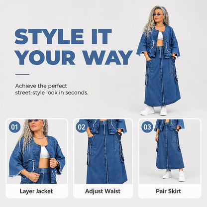 ✨ Standout Denim Style | Women's Raw-Edge Cropped Jacket & Cargo Maxi Skirt 2-Piece Set