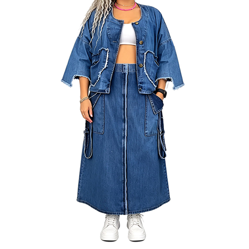 ✨ Standout Denim Style | Women's Raw-Edge Cropped Jacket & Cargo Maxi Skirt 2-Piece Set