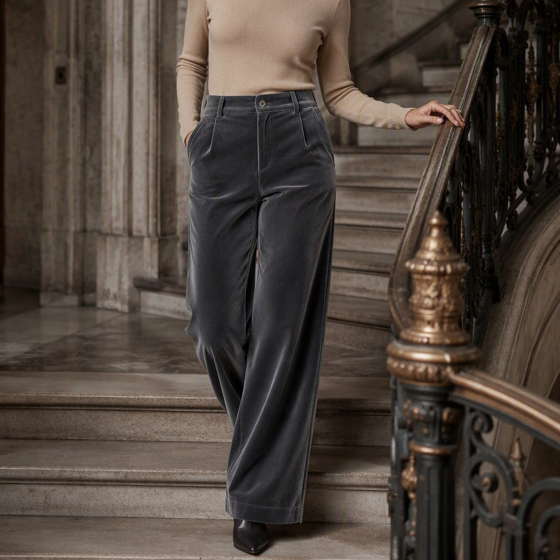 ✨ Elevated Comfort | Women's High-Waisted Velvet Wide-Leg Pants