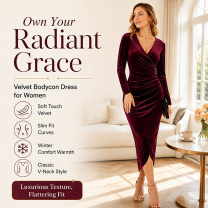 ✨ Velvet Elegance | Women's V-Neck Ruched Bodycon Midi Dress