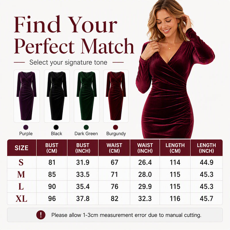 ✨ Velvet Elegance | Women's V-Neck Ruched Bodycon Midi Dress