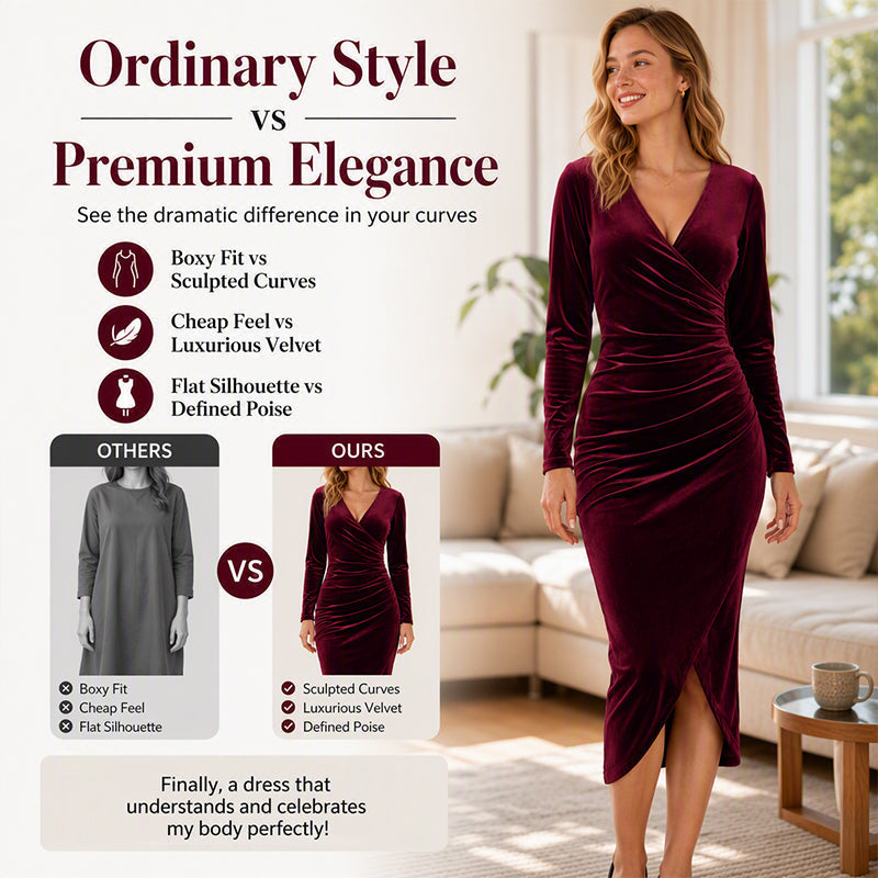✨ Velvet Elegance | Women's V-Neck Ruched Bodycon Midi Dress