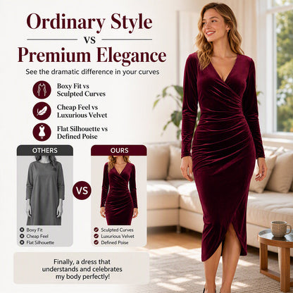 ✨ Velvet Elegance | Women's V-Neck Ruched Bodycon Midi Dress