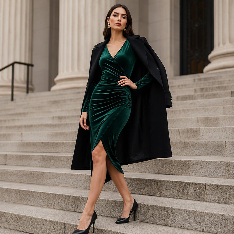 ✨ Velvet Elegance | Women's V-Neck Ruched Bodycon Midi Dress