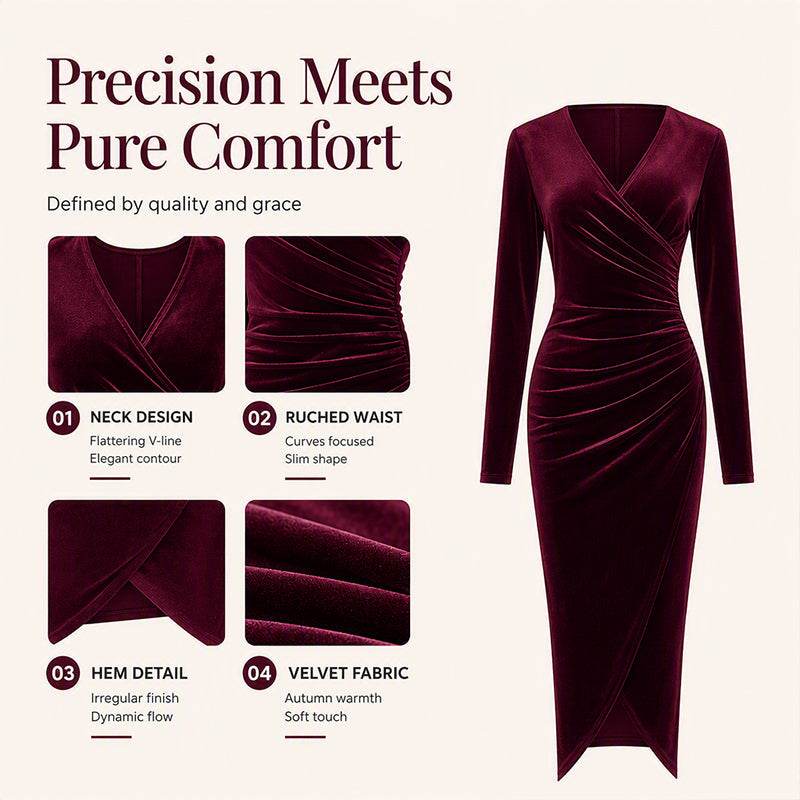 ✨ Velvet Elegance | Women's V-Neck Ruched Bodycon Midi Dress