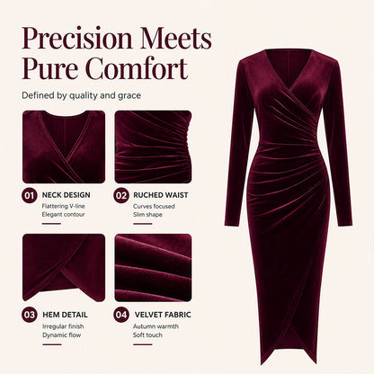 ✨ Velvet Elegance | Women's V-Neck Ruched Bodycon Midi Dress
