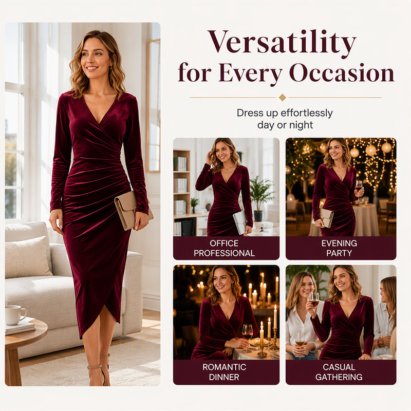 ✨ Velvet Elegance | Women's V-Neck Ruched Bodycon Midi Dress