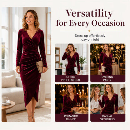 ✨ Velvet Elegance | Women's V-Neck Ruched Bodycon Midi Dress