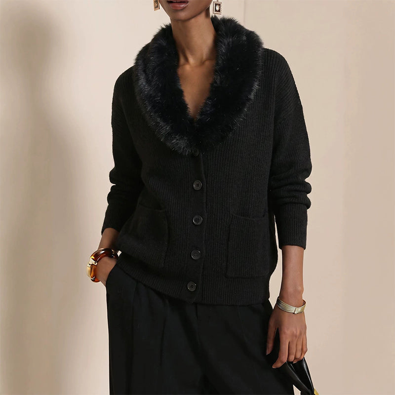 ☁️ Cozy Elegance | Women's Furry-Collar Knit Cardigan