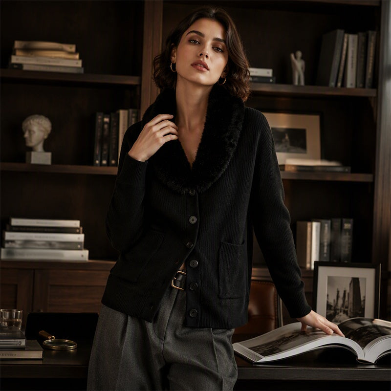 ☁️ Cozy Elegance | Women's Furry-Collar Knit Cardigan