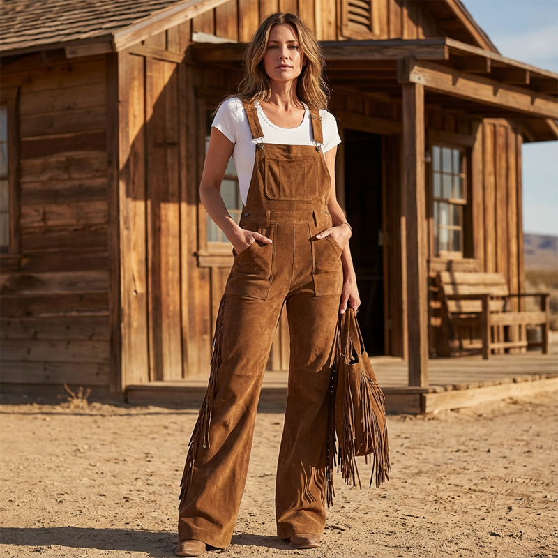 ✨ Western Statement Style | Women's Suede-Look Fringe Wide-Leg Overalls