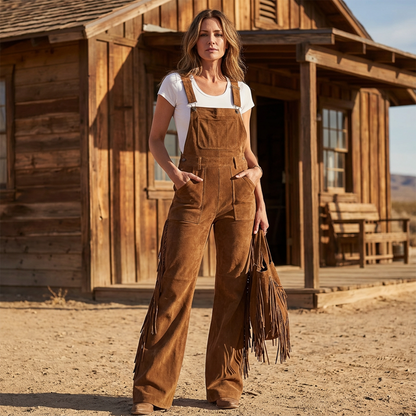 ✨ Western Statement Style | Women's Suede-Look Fringe Wide-Leg Overalls