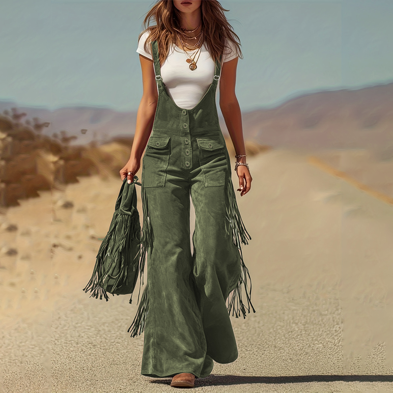 ✨ Western Statement Style | Women's Suede-Look Fringe Wide-Leg Overalls
