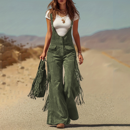 ✨ Western Statement Style | Women's Suede-Look Fringe Wide-Leg Overalls
