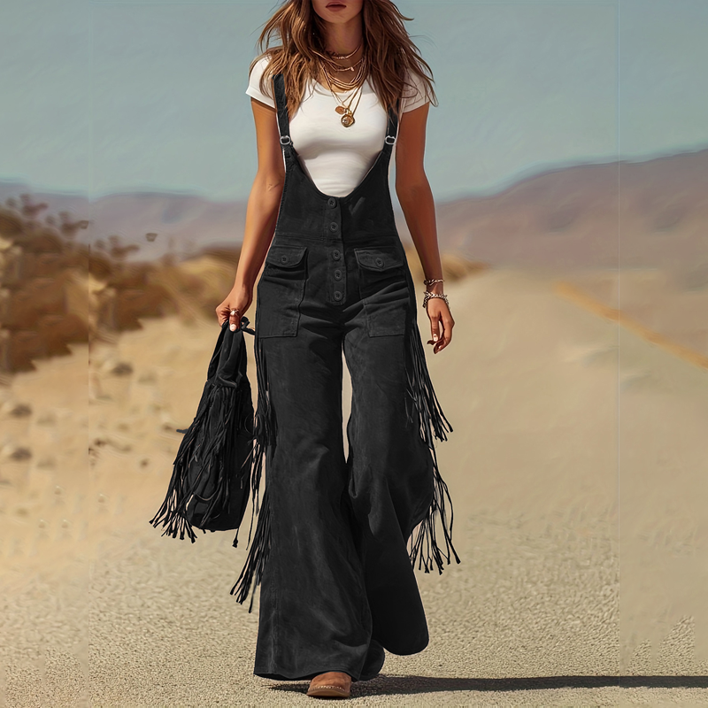 ✨ Western Statement Style | Women's Suede-Look Fringe Wide-Leg Overalls
