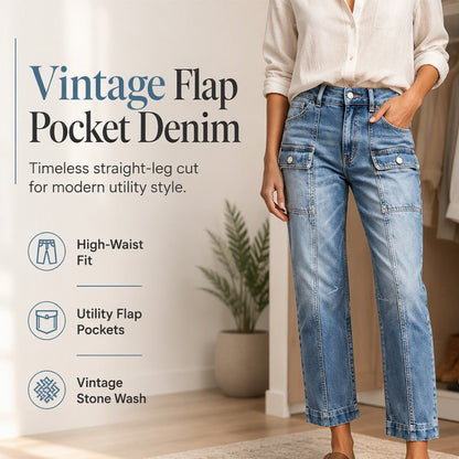 ✨ Flattering Denim | Women's High-Waisted Flap-Pocket Straight-Leg Jeans