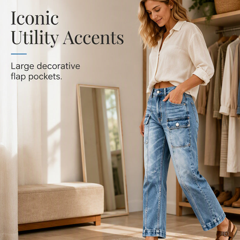 ✨ Flattering Denim | Women's High-Waisted Flap-Pocket Straight-Leg Jeans