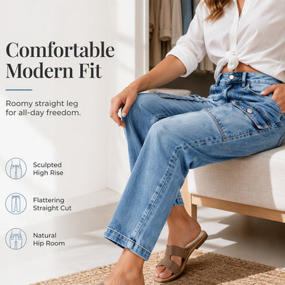 ✨ Flattering Denim | Women's High-Waisted Flap-Pocket Straight-Leg Jeans
