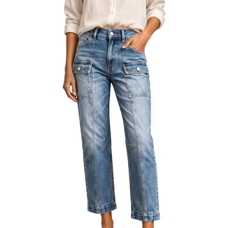 ✨ Flattering Denim | Women's High-Waisted Flap-Pocket Straight-Leg Jeans
