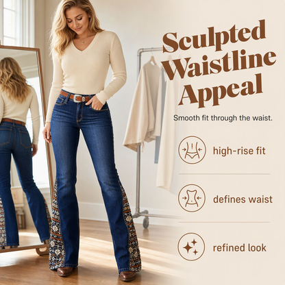 ✨ Boho Denim Style | Women's High-Waisted Embroidered Flare Jeans