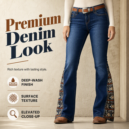 ✨ Boho Denim Style | Women's High-Waisted Embroidered Flare Jeans