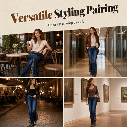 ✨ Boho Denim Style | Women's High-Waisted Embroidered Flare Jeans