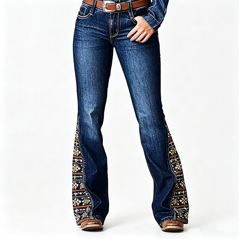 ✨ Boho Denim Style | Women's High-Waisted Embroidered Flare Jeans