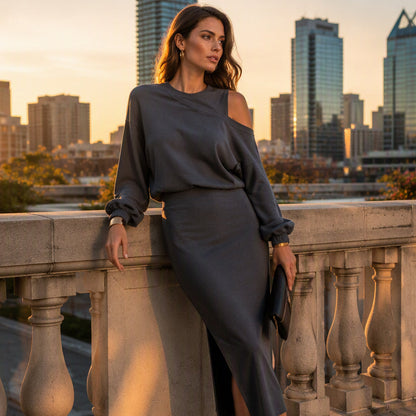 ✨ Easy Layered Style | Women's Slanted-Shoulder Sweatshirt & Sleeveless Dress 2-Piece Set