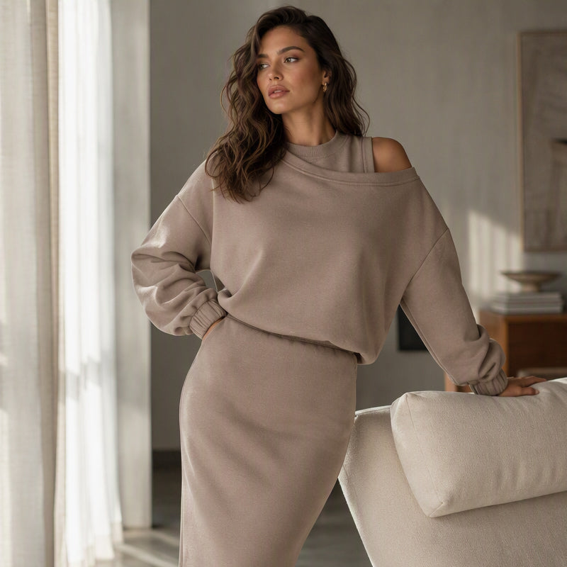 ✨ Easy Layered Style | Women's Slanted-Shoulder Sweatshirt & Sleeveless Dress 2-Piece Set
