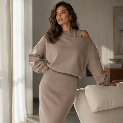 ✨ Easy Layered Style | Women's Slanted-Shoulder Sweatshirt & Sleeveless Dress 2-Piece Set