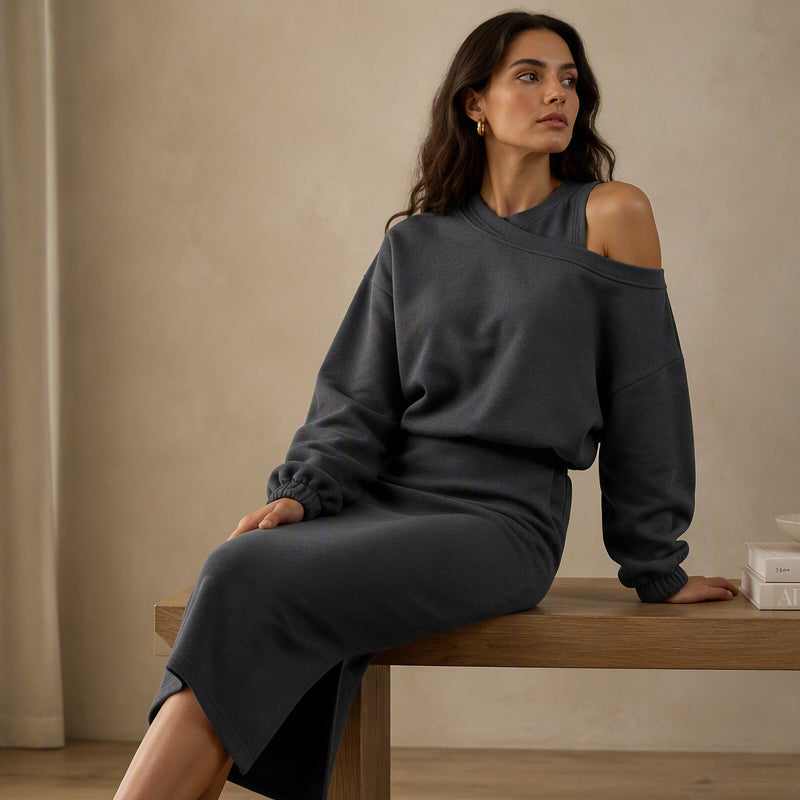 ✨ Easy Layered Style | Women's Slanted-Shoulder Sweatshirt & Sleeveless Dress 2-Piece Set