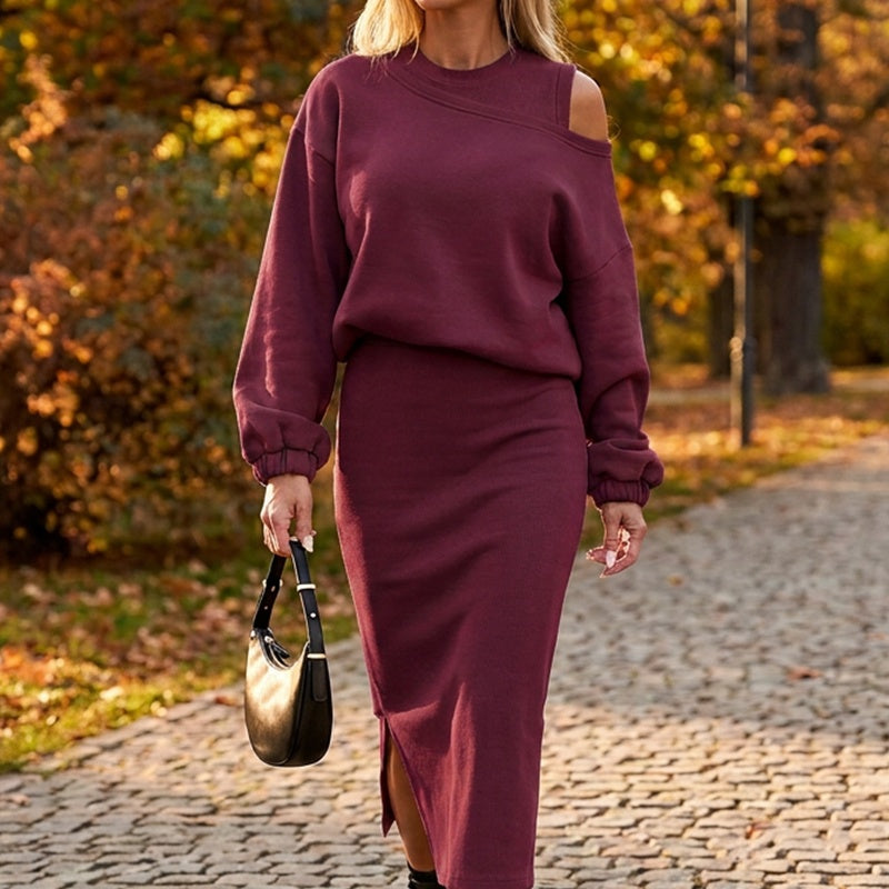 ✨ Easy Layered Style | Women's Slanted-Shoulder Sweatshirt & Sleeveless Dress 2-Piece Set