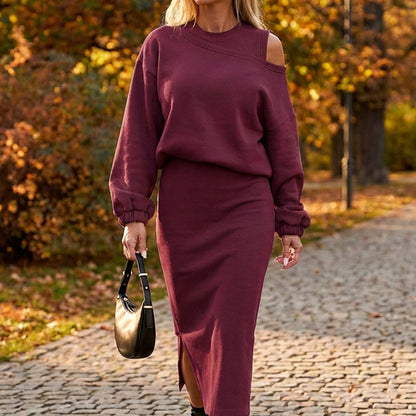 ✨ Easy Layered Style | Women's Slanted-Shoulder Sweatshirt & Sleeveless Dress 2-Piece Set