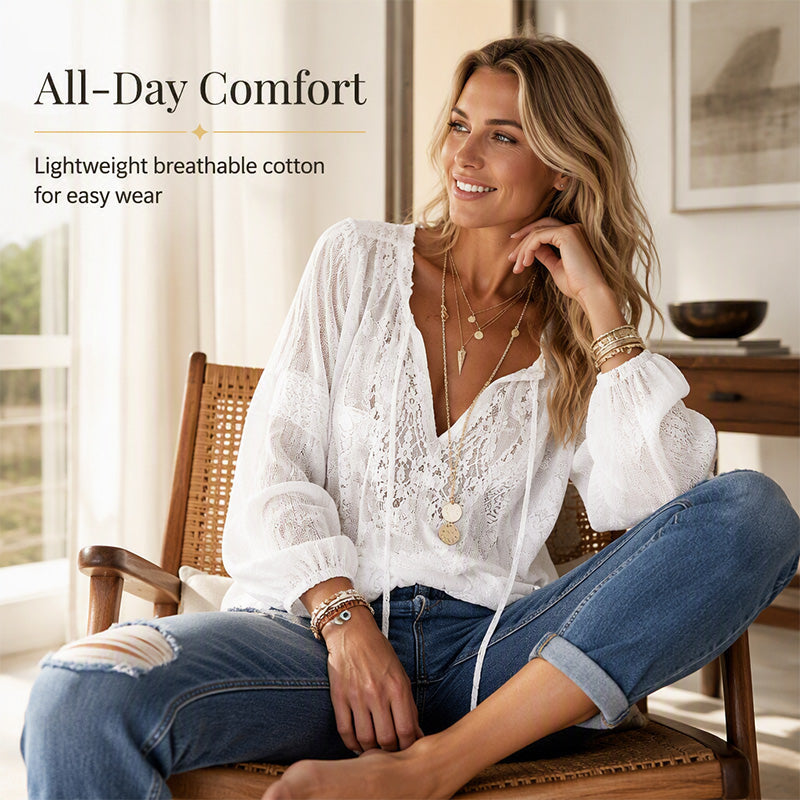 Women's Lace Long Sleeve V-Neck Top
