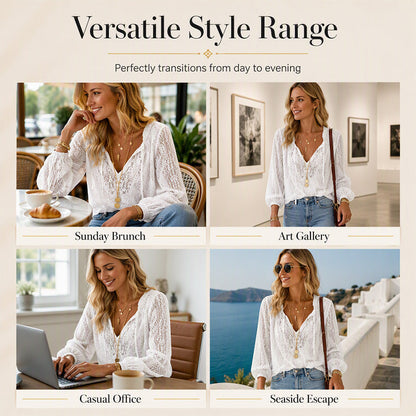 Women's Lace Long Sleeve V-Neck Top