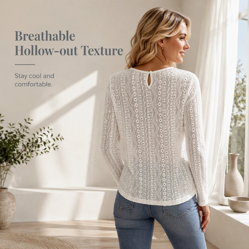 🌸 Lace Detail, Easy Elegance | Women's Floral Lace Patchwork Long-Sleeve Top