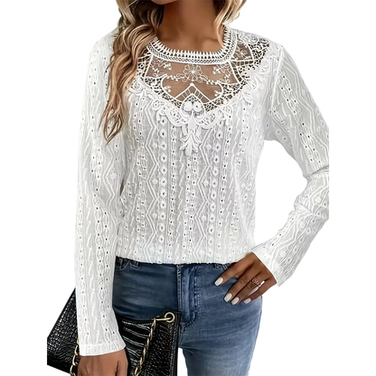🌸 Lace Detail, Easy Elegance | Women's Floral Lace Patchwork Long-Sleeve Top