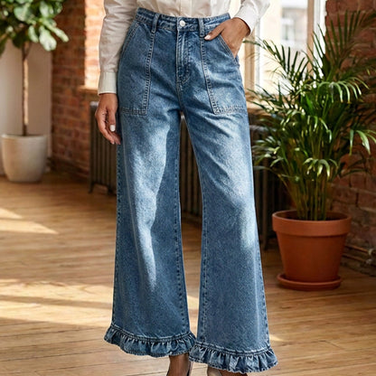 ⌛Limited-Time Offer-Women's Chic Ruffled Hem Straight Leg Jeans