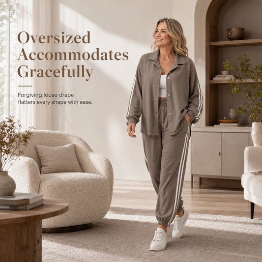 ⌛Limited-Time Offer-Women's Casual Two-Piece Lounge Set Featuring Oversized Button-Down Shirt and Jogger Pants with Side Stripes
