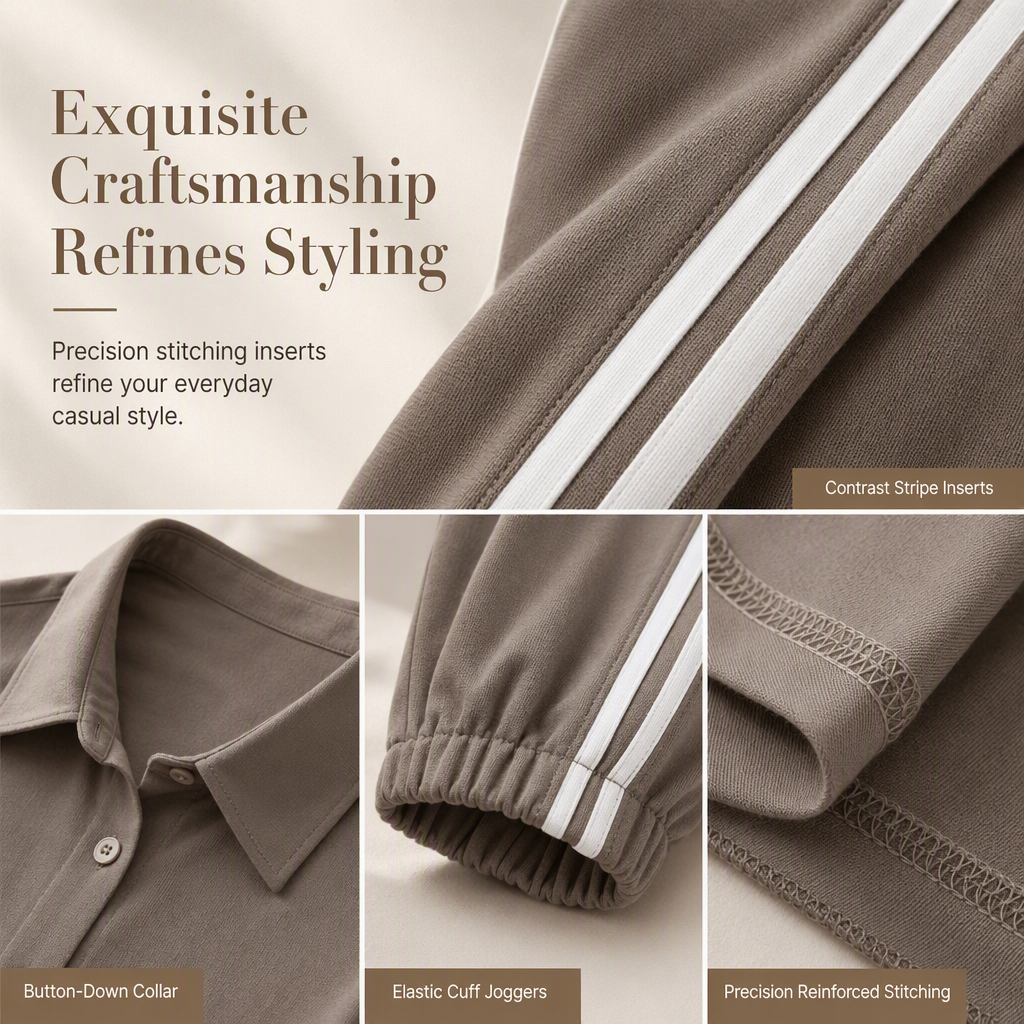 ⌛Limited-Time Offer-Women's Casual Two-Piece Lounge Set Featuring Oversized Button-Down Shirt and Jogger Pants with Side Stripes